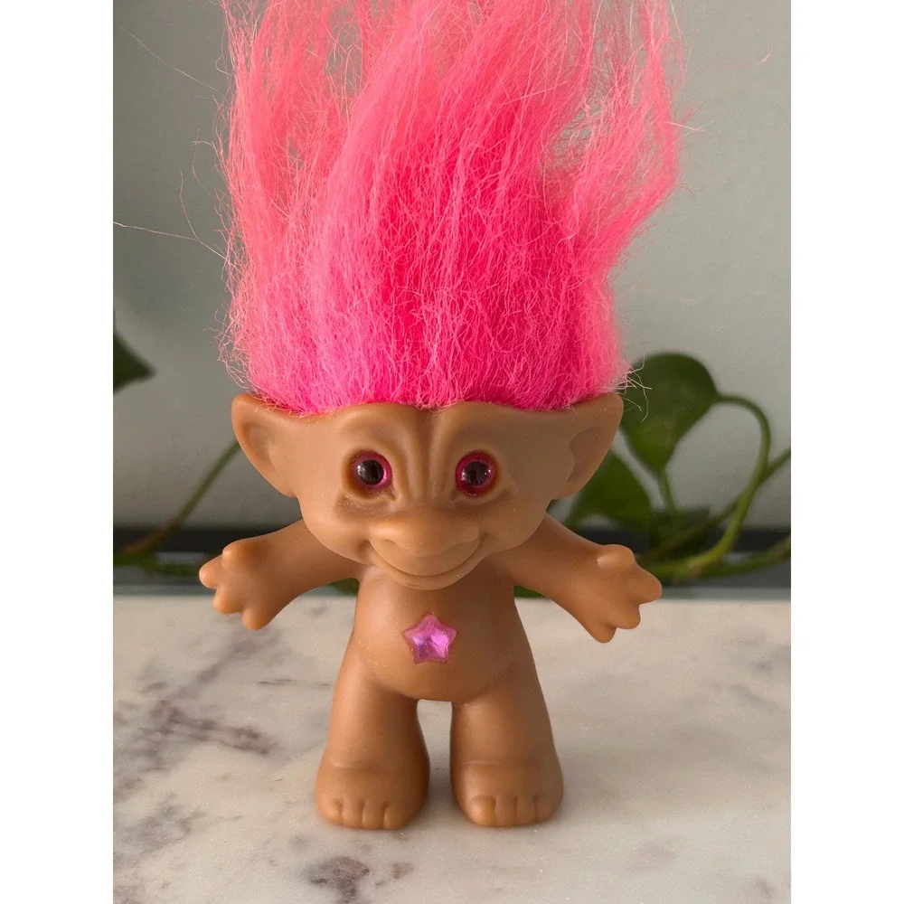 Vintage Ace Novelty Pink Hair Troll Doll Pink Star Gem Belly Jewel 3 Inch 90s